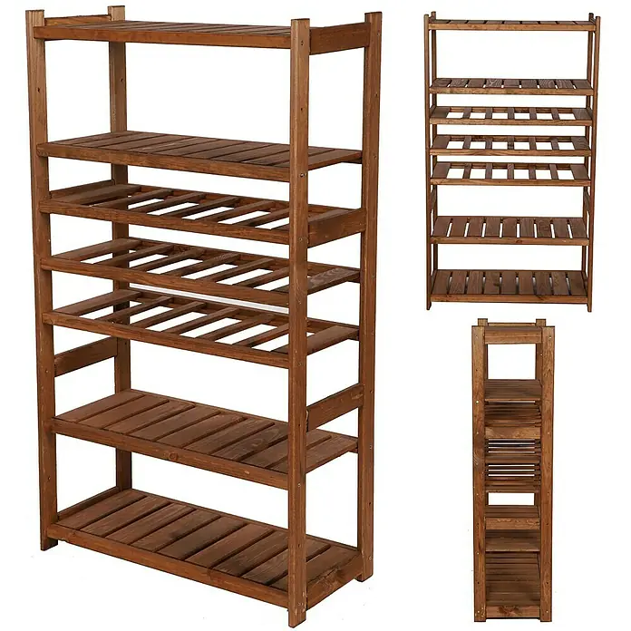 Proregal Flaschenregal Weinregal SPREEWALD für 18 Flaschen - L x B x H: 33 x 70 x 124 cm, Holz - Mehrstöckiges Holzregal mit sechs Regalböden, geeignet für Schuhe oder Pflanzen, aus Kiefernholz.