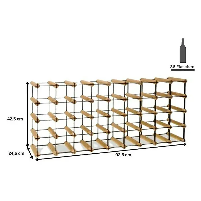 Proregal Flaschenregal Modulares Weinregal VINOTECA MOD METAL für 9x4 Flaschen - L x B x H: 24,5 x 92,5 x 42,5 cm, Holz - Abbildung eines Weinregals aus Holz und Metall, das 36 Flaschen aufnehmen kann, mit Größenangaben.