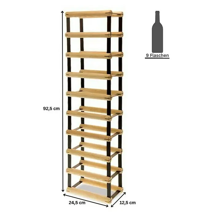 Proregal Flaschenregal Modulares Weinregal VINOTECA MOD METAL für 1x9 Flaschen - L x B x H: 24,5 x 12,5 x 92,5 cm, Holz - Weinregal aus Holz und Metall für 9 Flaschen, mit Abmessungen 92,5 cm Höhe, 24,5 cm Breite und 12,5 cm Tiefe.