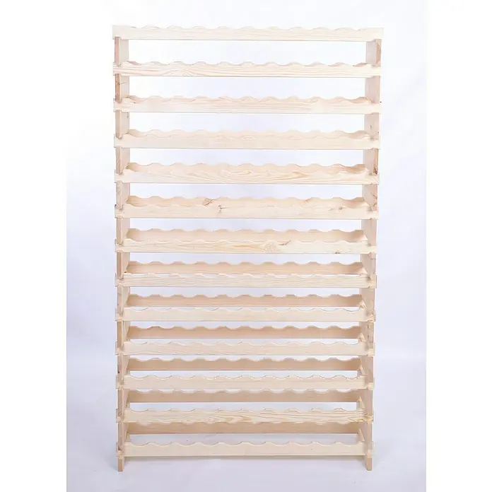 Proregal Flaschenregal Weinregal VINOTECA FLEX PRO für 130 Flaschen - L x B x H: 28 x 103 x 177 cm, Holz - Dieses Bild zeigt ein großes, unbehandeltes Kiefernholz-Weinregal mit mehreren Reihen zur Aufbewahrung von Weinflaschen.