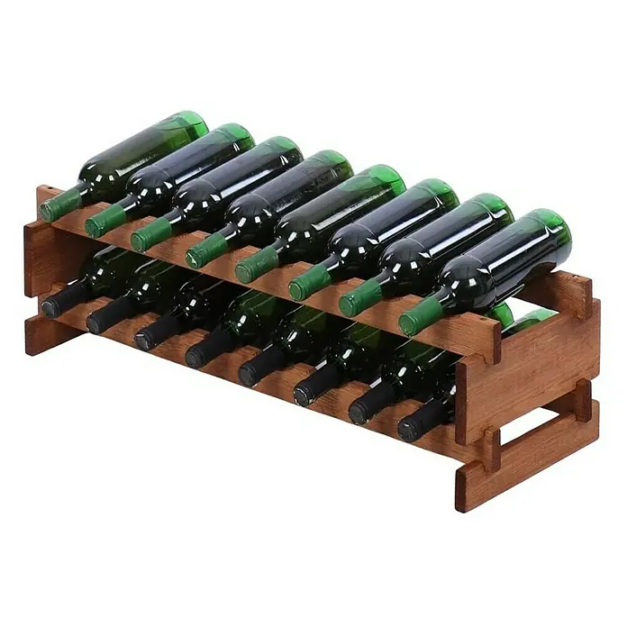 Proregal Flaschenregal Weinregal VINOTECA FLEX PRO für 16 Flaschen - L x B x H: 28 x 84 x 23 cm, Holz, Anzahl Böden: 2 Stk. - Dieses Bild zeigt ein hölzernes Weinregal, das mit grünen Weinflaschen gefüllt ist, perfekt für die stilvolle Weinlagerung.