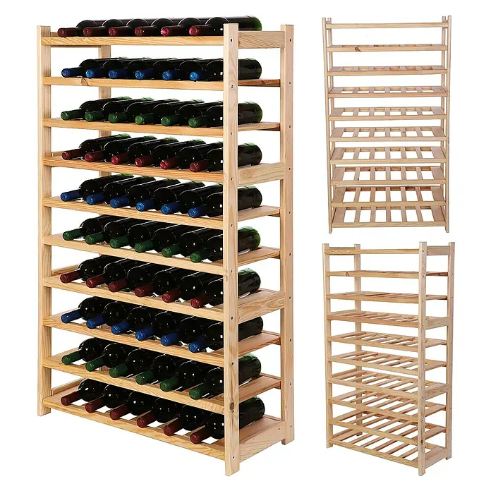 Proregal Flaschenregal Weinregal SPREEWALD für 60 Flaschen - L x B x H: 33 x 70 x 124 cm, Holz, Anzahl Böden: 10 Stk. - Weinflaschenregal aus Holz, gefüllt mit Weinflaschen mit blauen, roten und grünen Kappen. Ein leeres Regal steht auch im Bild.
