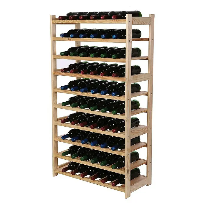 Proregal Flaschenregal Weinregal SPREEWALD für 60 Flaschen - L x B x H: 33 x 70 x 124 cm, Holz, Anzahl Böden: 10 Stk. - Dieses Bild zeigt ein Weinregal aus Holz mit mehreren Reihen, in denen Weinflaschen unterschiedlicher Farbe gelagert werden.
