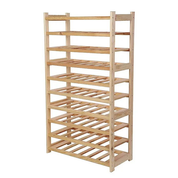 Proregal Flaschenregal Weinregal SPREEWALD für 60 Flaschen - L x B x H: 33 x 70 x 124 cm, Holz, Anzahl Böden: 10 Stk. - Abbildung eines hohen, unbehandelten Kiefernholz-Weinregals mit mehreren Regalen zur Aufbewahrung von Weinflaschen.