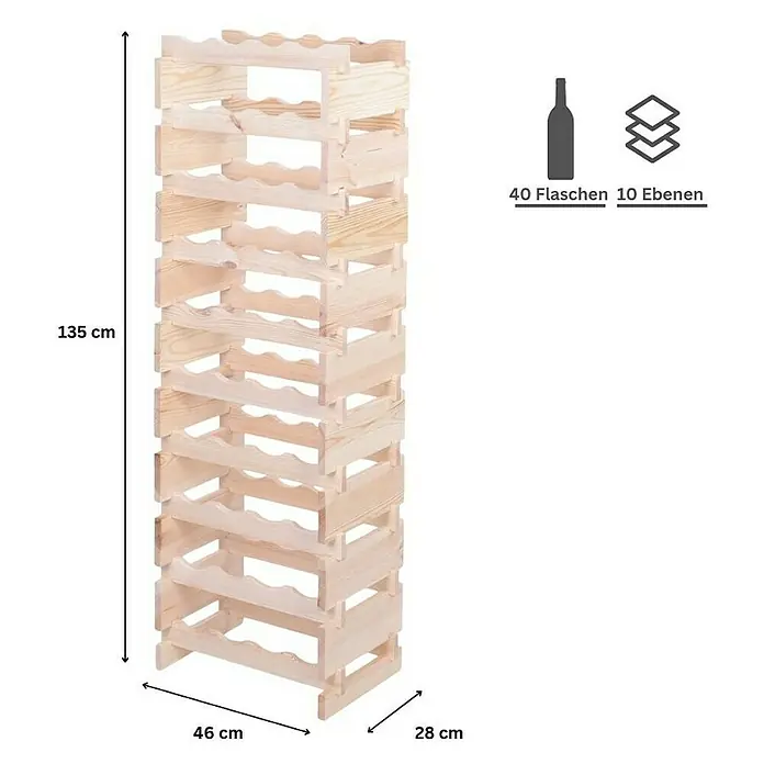 Proregal Flaschenregal Weinregal VINOTECA FLEX PRO für 40 Flaschen - L x B x H: 28 x 46 x 135 cm, Holz, Anzahl Böden: 10 Stk. - Bild eines hohen, hölzernen Weinregals mit 10 Ebenen, das 40 Flaschen fasst, und seinen Abmessungen.