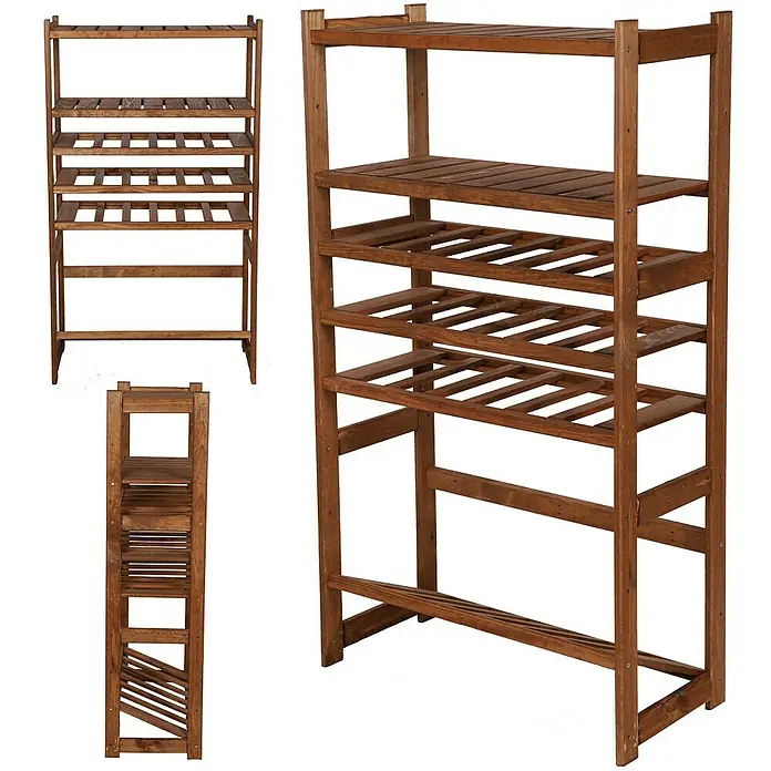 Proregal Flaschenregal & Weinregal SPREEWALD für 18 Flaschen - L x B x H: 33 x 70 x 124 cm, Holz - Eine Holzregal-Einheit mit fünf Ebenen, perfekt für Pflanzen oder Schuhe, aus verschiedenen Perspektiven dargestellt.