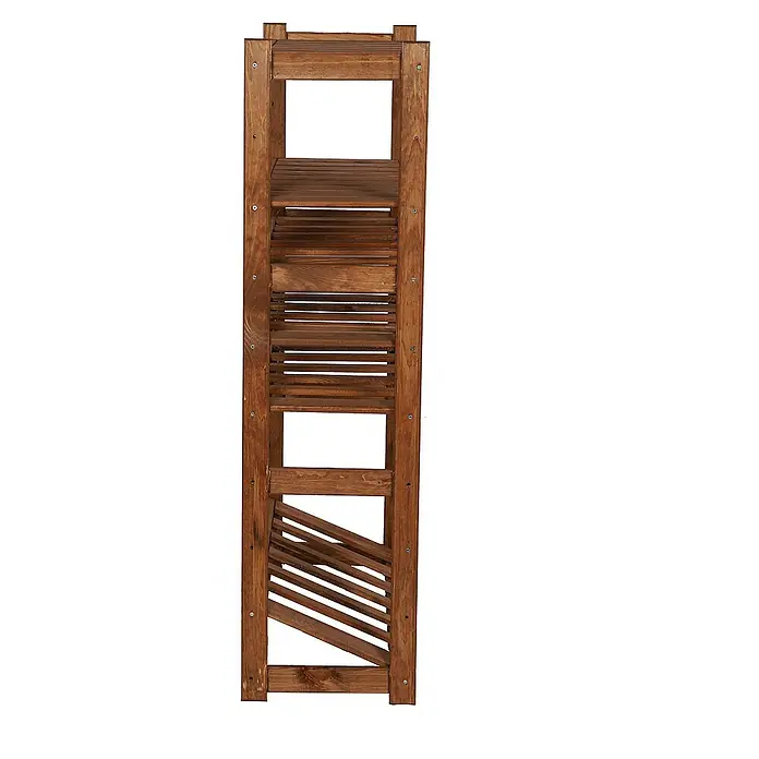 Proregal Flaschenregal & Weinregal SPREEWALD für 18 Flaschen - L x B x H: 33 x 70 x 124 cm, Holz - Ein schmaler, hoher Holzschuhständer mit mehreren Regalen und schrägen Latten im unteren Bereich für Schuhe in Braun.