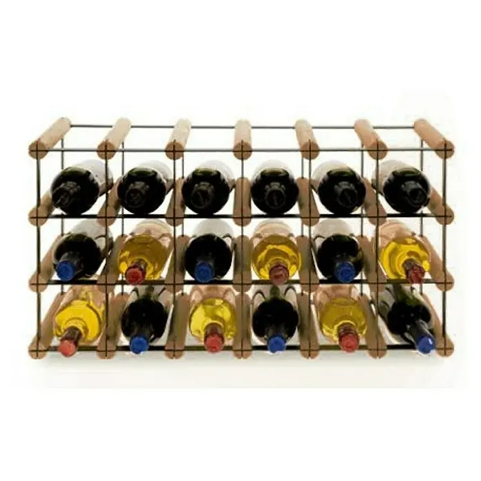 Proregal Flaschenregal Modulares Weinregal VINOTECA MOD METAL für 6x3 Flaschen - L x B x H: 24,5 x 62,5 x 32,5 cm, Holz - Ein Weinregal aus Holz und Metall mit einer Auswahl an Weinflaschen in verschiedenen Farben und Größen, perfekt für die Weinlagerung.