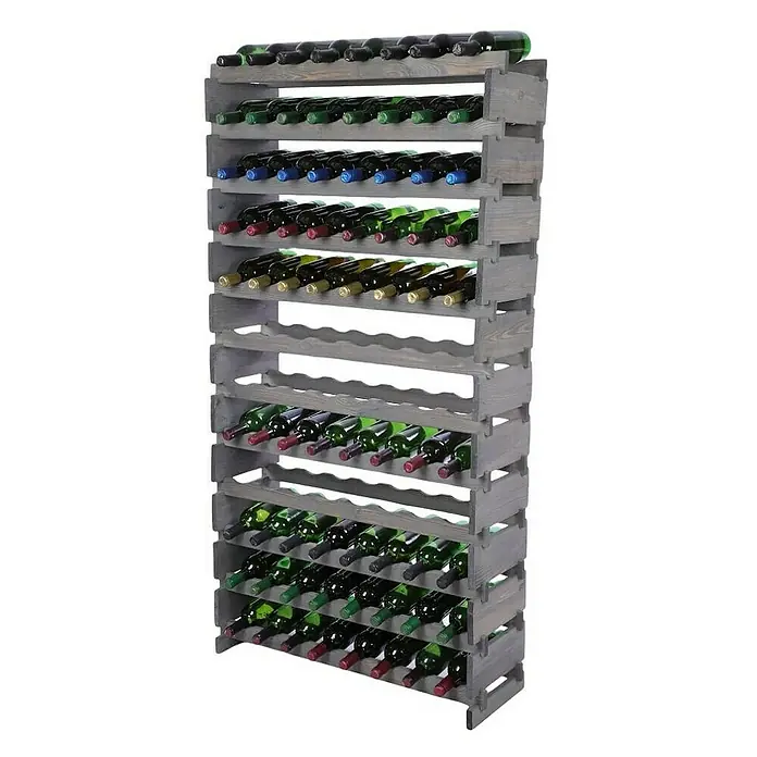Proregal Flaschenregal Weinregal VINOTECA FLEX PRO für 96 Flaschen - L x B x H: 28 x 84 x 163 cm, Holz, Anzahl Böden: 12 Stk. - Graues Holzweinregal mit mehreren Reihen gefüllt mit Weinflaschen, die eine stilvolle Lagerung ermöglichen.