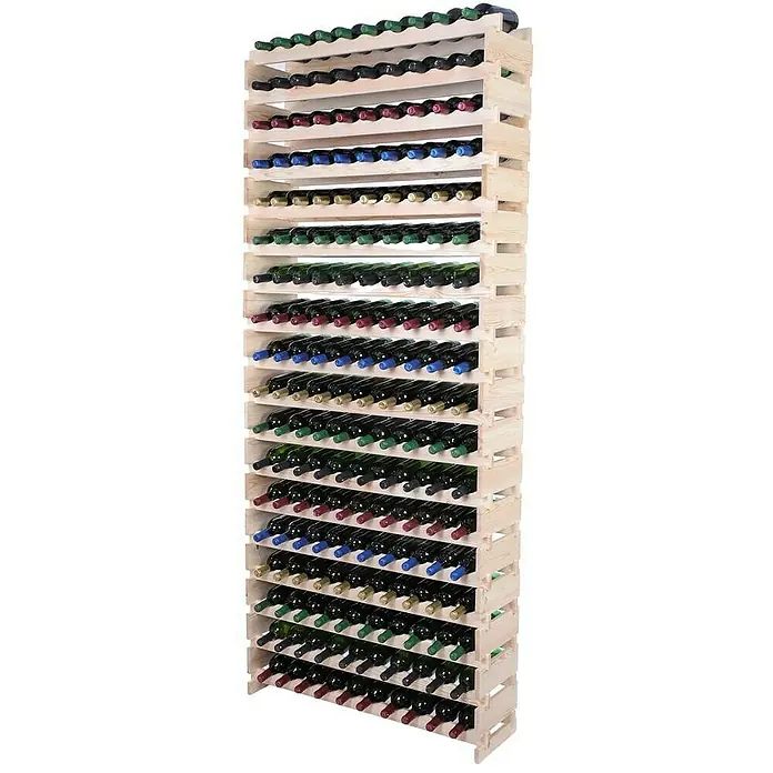 Proregal Flaschenregal Weinregal VINOTECA FLEX PRO für 180 Flaschen - L x B x H: 28 x 103 x 247 cm, Holz - Vollständiges Weinregal aus hellem Holz, gefüllt mit verschiedenen Weinflaschen. Das Regal ist hoch und schmal, ideal für die Weinlagerung.