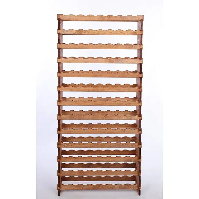 Proregal Flaschenregal Weinregal VINOTECA FLEX PRO für 104 Flaschen - L x B x H: 28 x 84 x 177 cm, Holz, Anzahl Böden: 13 Stk. - Dieses Bild zeigt ein hölzernes Weinregal mit gewellten Ablagen für Weinflaschen. Das Regal bietet Platz für zahlreiche Flaschen und ist aus Holz gefertigt.