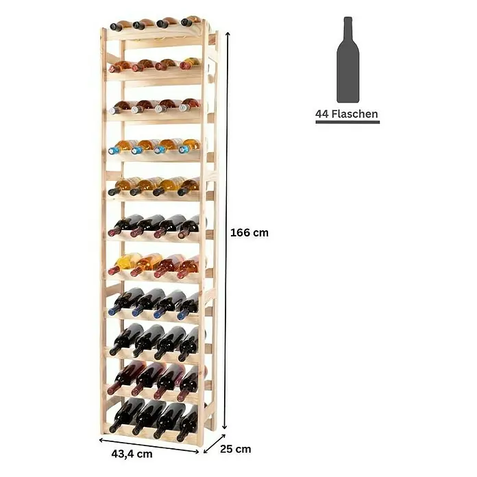Proregal Flaschenregal Weinregal PINOTWINE für 44 Flaschen - L x B x H: 25 x 41,2 x 166 cm, Holz - Abbildung eines hohen, schmalen Weinregals aus hellem Holz mit mehreren Reihen gefüllter Weinflaschen, neben einer Flaschensilhouette.