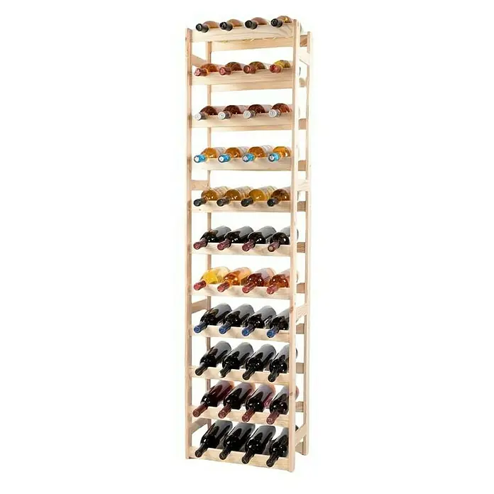 Proregal Flaschenregal Weinregal PINOTWINE für 44 Flaschen - L x B x H: 25 x 41,2 x 166 cm, Holz - Ein hohes Weinregal aus hellem Holz, gefüllt mit einer Vielzahl von Weinflaschen in verschiedenen Farben und Größen.