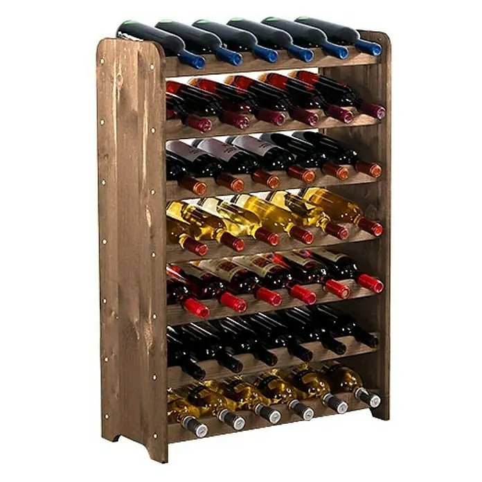 Proregal Flaschenregal Weinregal PINOTWINE C für 42 Flaschen - L x B x H: 26,5 x 63,2 x 87,2 cm, Holz - Weinregal aus Holz mit vielen gefüllten Weinflaschen in verschiedenen Farben, die in den Regalen gelagert werden.