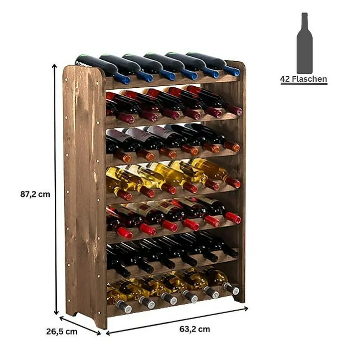 Proregal Flaschenregal Weinregal PINOTWINE C für 42 Flaschen - L x B x H: 26,5 x 63,2 x 87,2 cm, Holz - Weinregal aus Holz mit Platz für 42 Flaschen, ideal für die stilvolle Lagerung von Weinen. Robuste Konstruktion und rustikales Design.