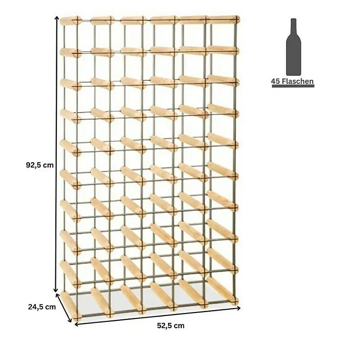 Proregal Flaschenregal Modulares Weinregal VINOTECA MOD METAL für 5x9 Flaschen - L x B x H: 24,5 x 52,5 x 92,5 cm, Holz - Abbildung eines Weinregals für 45 Flaschen mit den Maßen 92,5 cm Höhe, 52,5 cm Breite und 24,5 cm Tiefe.