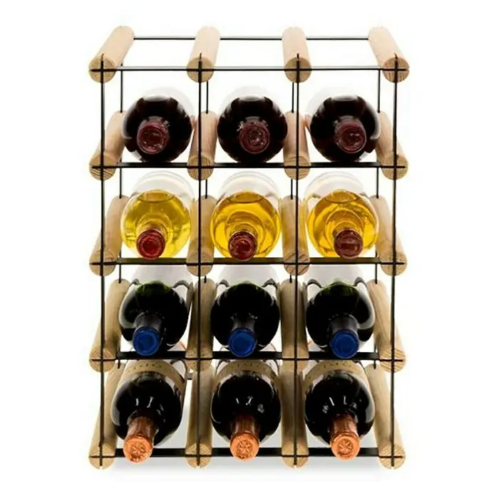 Proregal Flaschenregal Modulares Weinregal VINOTECA MOD METAL für 3x4 Flaschen - L x B x H: 24,5 x 32,5 x 42,5 cm, Holz - Nahaufnahme eines Weinregals aus Holz und Metall mit zwölf Weinflaschen, die auf drei Ebenen angeordnet sind.
