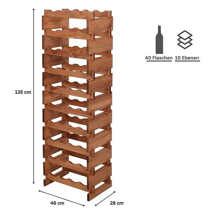 Proregal Flaschenregal Weinregal VINOTECA FLEX PRO für 40 Flaschen - L x B x H: 28 x 46 x 135 cm, Holz, Anzahl Böden: 10 Stk. - Weinregal aus Holz für 40 Flaschen mit 10 Ebenen. Die Maße sind 135 cm hoch, 46 cm breit und 28 cm tief.