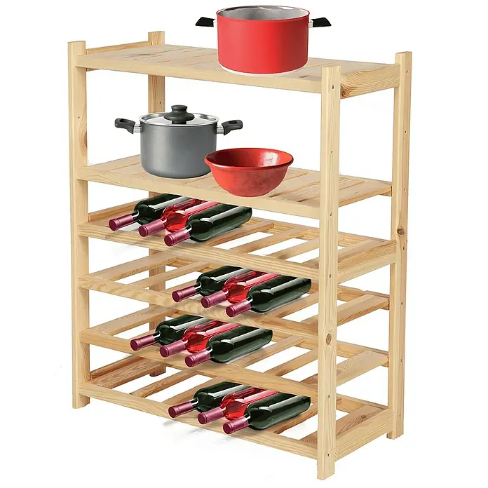 Proregal Flaschenregal Weinregal SPREEWALD für 24 Flaschen - L x B x H: 33 x 70 x 86 cm, Holz - Regaleinheit aus Holz mit Kochtöpfen, einer Schüssel und Weinflaschen für eine praktische Aufbewahrungslösung in der Küche.