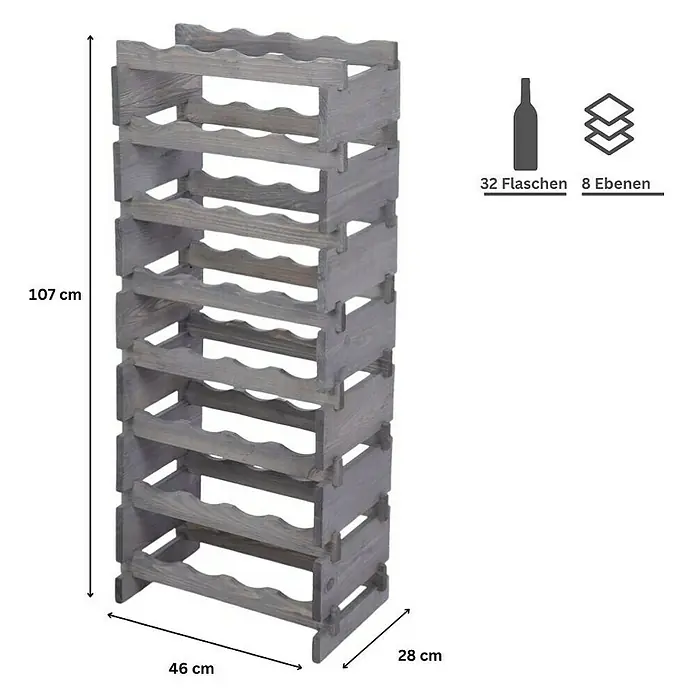 Proregal Flaschenregal Weinregal VINOTECA FLEX PRO für 32 Flaschen - L x B x H: 28 x 46 x 107 cm, Holz, Anzahl Böden: 8 Stk. - Graues Holz-Weinregal mit 8 Ebenen für 32 Flaschen, Maße: 107 x 46 x 28 cm.