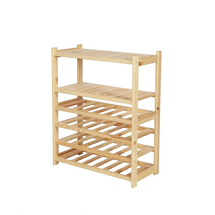 Proregal Flaschenregal Weinregal SPREEWALD für 24 Flaschen - L x B x H: 33 x 70 x 86 cm, Holz - Abbildung eines naturbelassenen Holzregals mit mehreren Ablageflächen, ideal zur Aufbewahrung von Wein oder anderen Gegenständen.
