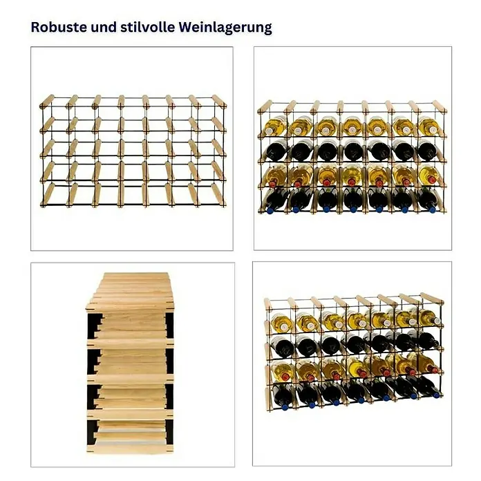 Proregal Flaschenregal Modulares Weinregal VINOTECA MOD METAL für 7x4 Flaschen - Holz - Robuste und stilvolle Weinlagerung: Das Bild zeigt ein Weinregal aus Holz und Metall, teilweise mit Weinflaschen bestückt. Praktisch und dekorativ!