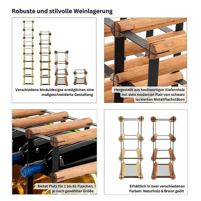 Proregal Flaschenregal Modulares Weinregal VINOTECA MOD METAL für 8x7 Flaschen - Holz - Verschiedene Ansichten eines modularen Weinregals aus Kiefernholz mit schwarzem Metall, erhältlich in Naturholz und Braun geölt.