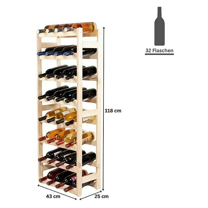 Proregal Flaschenregal Weinregal PINOTWINE für 32 Flaschen - L x B x H: 25 x 43 x 118 cm, Holz - Abbildung eines Holzweinregals mit 32 Flaschen, das 118 cm hoch, 43 cm breit und 25 cm tief ist.