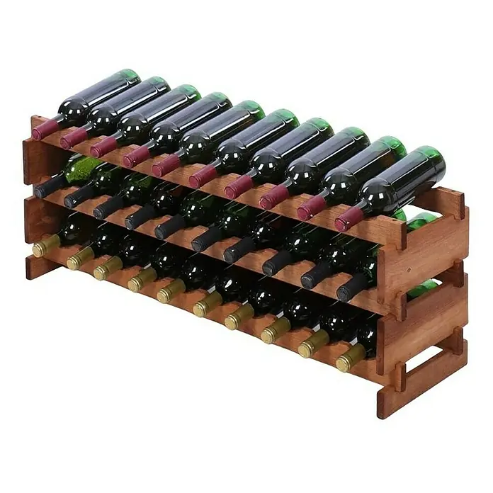 Proregal Flaschenregal Weinregal VINOTECA FLEX PRO für 30 Flaschen - L x B x H: 28 x 103 x 37 cm, Holz - Eine Holzweinregal mit mehreren Ebenen, gefüllt mit grünen Weinflaschen, die horizontal gelagert werden. Es ist eine praktische Lagerungslösung.