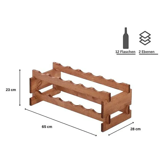Weinregal VINOTECA FLEX PRO | HxBxT 23x65x28cm | 12 Flaschen auf 2 Ebenen | Massives Kiefernholz | Braun geölt -  - Weinregal aus Holz für 12 Flaschen. Das Regal hat 2 Ebenen und die Maße 65x28x23 cm. Ideal für die stilvolle Lagerung von Weinflaschen.
