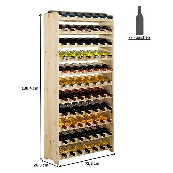Proregal Flaschenregal Weinregal PINOTWINE C für 77 Flaschen - Holz - Bild eines Holzweinregals mit den Maßen 138,4 cm Höhe, 26,5 cm Tiefe und 72,8 cm Breite. Es bietet Platz für 77 Flaschen.