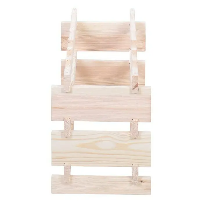 Proregal Flaschenregal Weinregal VINOTECA FLEX PRO für 18 Flaschen - L x B x H: 28 x 65 x 37 cm, Holz - Eine Nahaufnahme eines hellen Holzregals mit fünf Regalböden, die durch schlichte Holzstützen verbunden sind, perfekt für minimalistische Wohnräume.