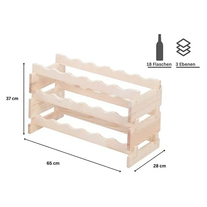 Proregal Flaschenregal Weinregal VINOTECA FLEX PRO für 18 Flaschen - L x B x H: 28 x 65 x 37 cm, Holz - Weinständer aus Holz mit drei Ebenen und den Maßen 37 x 65 x 28 cm zur Aufbewahrung von bis zu 18 Flaschen.
