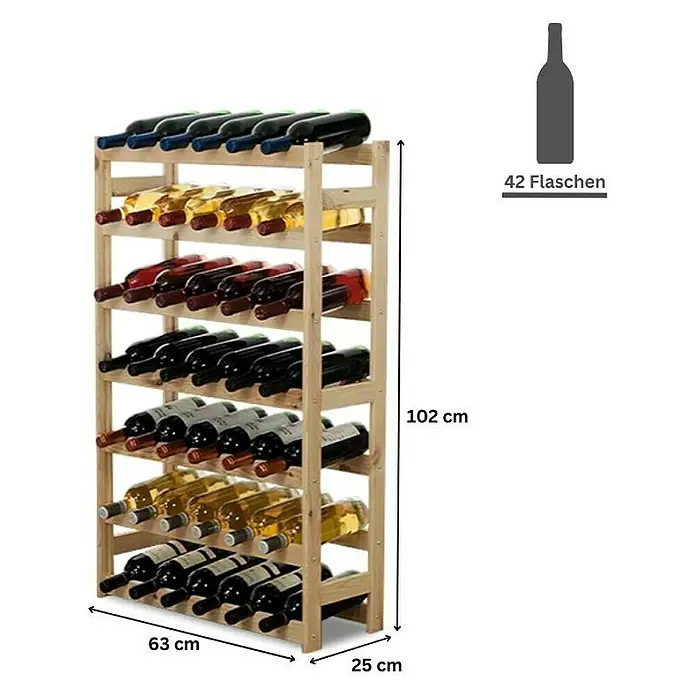 Proregal Flaschenregal Weinregal PINOTWINE für 42 Flaschen - L x B x H: 25 x 63 x 102 cm, Holz - Weinregal aus Holz für 42 Flaschen. Es hat 7 Regalböden und bietet viel Stauraum für Wein.
