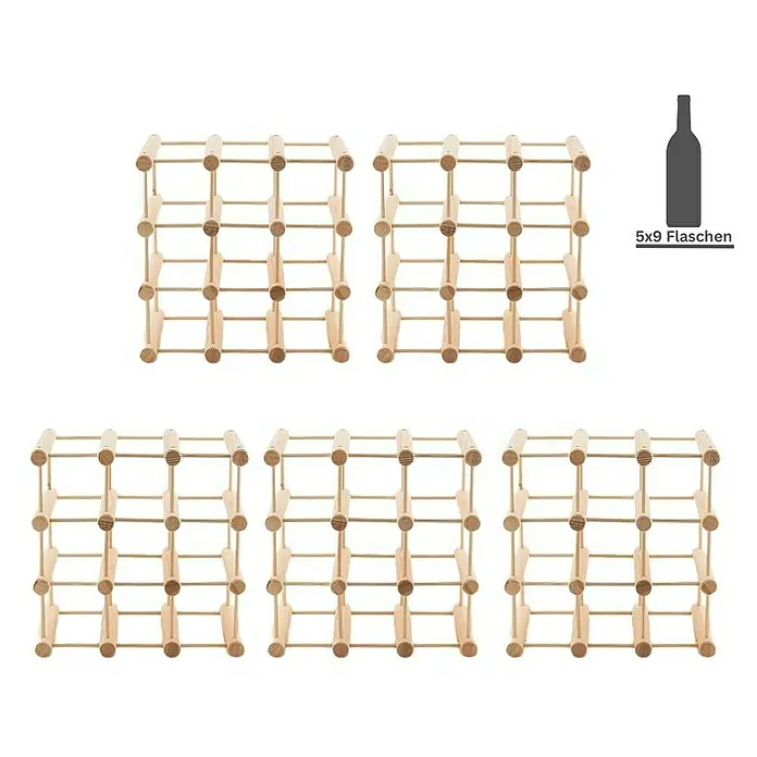 Proregal Flaschenregal Modulares Weinregal VINOTECA MOD für 5x 9 Flaschen - Holz - Das Bild zeigt fünf modulare Weinregale aus Holz, die jeweils 5x9 Flaschen aufnehmen können, ideal für Weinliebhaber.