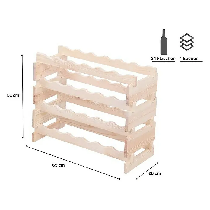 Proregal Flaschenregal Weinregal VINOTECA FLEX PRO für 24 Flaschen - L x B x H: 28 x 65 x 51 cm, Holz, Anzahl Böden: 4 Stk. - Weinregal aus Holz mit den Maßen 51x65x28 cm. Das Regal bietet Platz für 24 Flaschen auf 4 Ebenen und ist aus hellem Holz gefertigt.