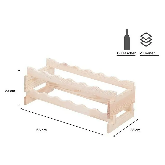 Proregal Flaschenregal Weinregal VINOTECA FLEX PRO für 12 Flaschen - L x B x H: 28 x 65 x 23 cm, Holz, Anzahl Böden: 2 Stk. - Abbildung eines Weinregals aus Holz für 12 Flaschen mit den Maßen 65x28x23 cm, ideal für die Aufbewahrung von Wein und anderen Flaschen.