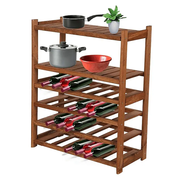 Proregal Flaschenregal Weinregal SPREEWALD für 24 Flaschen - L x B x H: 33 x 70 x 86 cm, Holz - Ein rustikales Weinregal aus Holz, das auch als Aufbewahrung für Kochtöpfe und andere Küchenutensilien dient und eine Topfpflanze trägt.