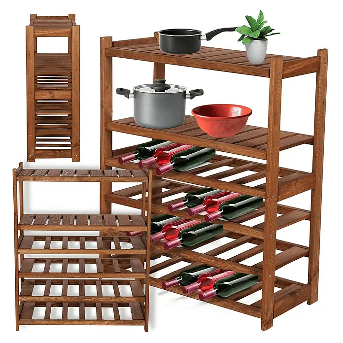 Proregal Flaschenregal Weinregal SPREEWALD für 24 Flaschen - L x B x H: 33 x 70 x 86 cm, Holz - Produktansicht eines Holzregals mit fünf Ebenen, ideal zur Aufbewahrung von Weinflaschen oder Küchenutensilien.