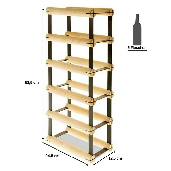 Proregal Flaschenregal Modulares Weinregal VINOTECA MOD METAL für 1x5 Flaschen - L x B x H: 24,5 x 12,5 x 52,5 cm, Holz - Weinständer für 5 Flaschen aus Holz und Metall mit den Maßen 52,5 cm Höhe, 24,5 cm Breite und 12,5 cm Tiefe.