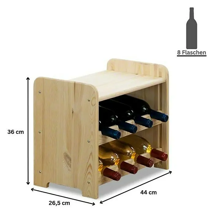 Proregal Flaschenregal Weinregal PINOTWINE C für 8 Flaschen - Holz - Abbildung eines Weinregals aus Holz mit 2 Fächern für je 4 Flaschen, insgesamt 8 Flaschen. Die Maße sind 36 cm hoch, 44 cm breit und 26,5 cm tief.
