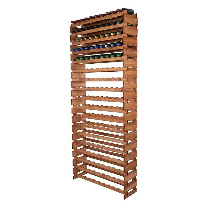 Proregal Flaschenregal Weinregal VINOTECA FLEX PRO für 180 Flaschen - L x B x H: 28 x 103 x 247 cm, Holz, Anzahl Böden: 18 Stk. - Ein hohes, schlankes Weinregal aus Holz mit gewellten Regalböden, das fast vollständig mit Weinflaschen gefüllt ist.