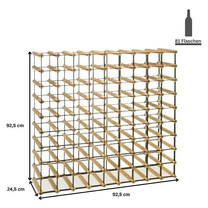 Proregal Flaschenregal Modulares Weinregal VINOTECA MOD METAL für 9x9 Flaschen - Holz - Bild eines Weinregals für 81 Flaschen mit den Maßen 92,5 x 92,5 x 24,5 cm, ideal für die stilvolle Lagerung Ihrer Weinsammlung.