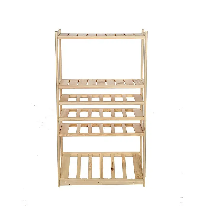 Proregal Flaschenregal & Weinregal SPREEWALD für 18 Flaschen - L x B x H: 33 x 70 x 124 cm, Holz - Ein heller, hölzerner Regalständer mit mehreren Ebenen und einer offenen Bauweise, ideal für Pflanzen oder andere Gegenstände.