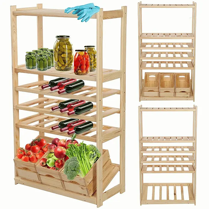 Proregal Flaschenregal & Weinregal SPREEWALD für 18 Flaschen - L x B x H: 33 x 70 x 124 cm, Holz - Holzregal mit mehreren Regalen für Lebensmittel, Wein und Konserven, ideal für Küche oder Vorratskammer.