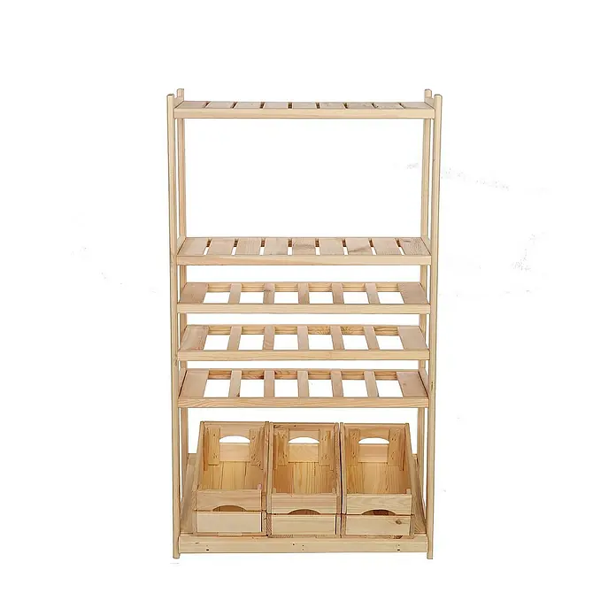 Proregal Flaschenregal & Weinregal SPREEWALD für 18 Flaschen - L x B x H: 33 x 70 x 124 cm, Holz - Das Bild zeigt ein hölzernes Regal mit mehreren Ebenen und drei Schubladen. Das Regal ist hellbraun und steht auf einem weißen Hintergrund.