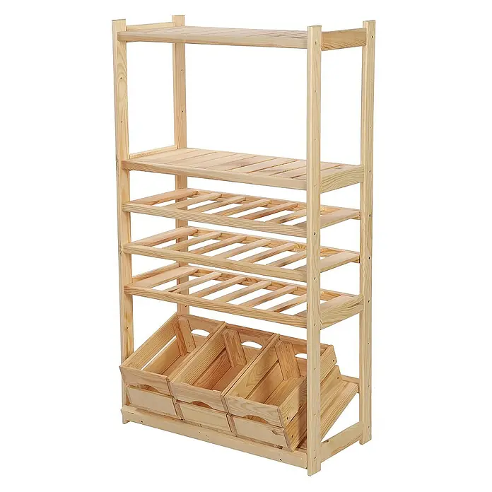 Proregal Flaschenregal & Weinregal SPREEWALD für 18 Flaschen - L x B x H: 33 x 70 x 124 cm, Holz - Ein Regal aus hellem Holz mit mehreren Regalböden und drei Holzschubladen für Aufbewahrung oder Präsentation.