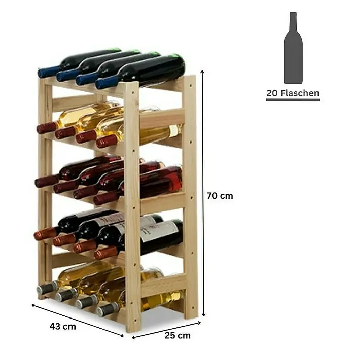 Proregal Flaschenregal Weinregal PINOTWINE für 20 Flaschen - L x B x H: 25 x 43 x 70 cm, Holz - Weinregal aus Holz für 20 Flaschen mit den Maßen 70 cm Höhe, 43 cm Breite und 25 cm Tiefe. Perfekt für die stilvolle Lagerung Ihrer Weine.