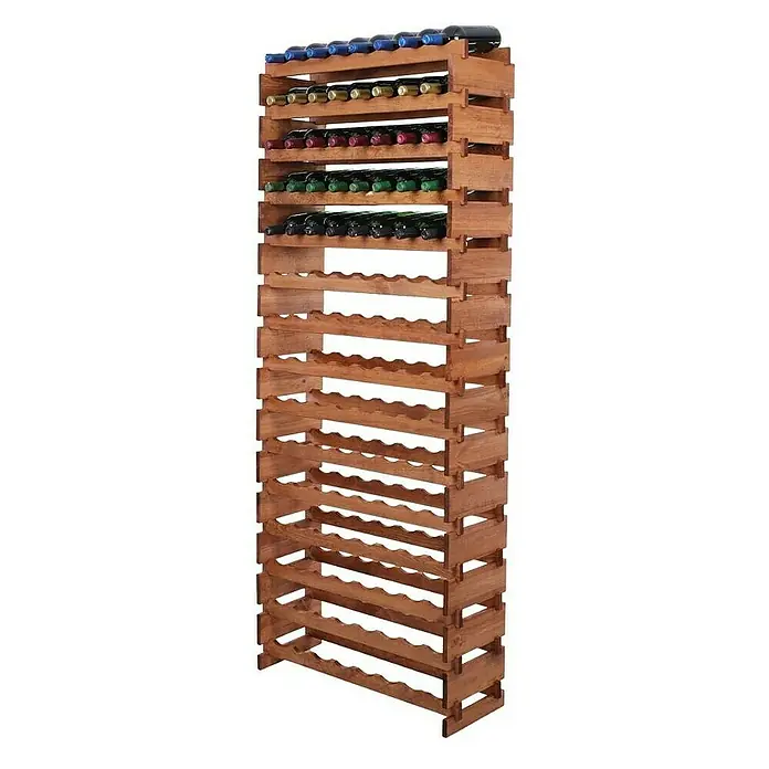 Proregal Flaschenregal Weinregal VINOTECA FLEX PRO für 120 Flaschen - L x B x H: 28 x 84 x 205 cm, Holz, Anzahl Böden: 15 Stk. - Ein hohes, freistehendes Weinregal aus Holz mit mehreren Regalen, die Weinflaschen verschiedener Farben enthalten, das eine stilvolle Lagerung bietet.