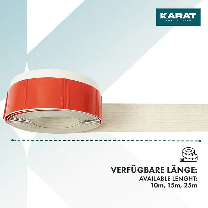 Floordirekt Sockelleiste Oslo Eiche 50 x 15 mm - 25 m - PVC - Produktbild einer Rolle selbstklebenden Kantenfurniers in Rot und Weiß mit den verfügbaren Längen 10 m, 15 m und 25 m.
